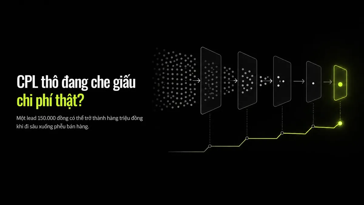 Sơ đồ phễu bán hàng bất động sản: lead thô thu hẹp dần qua năm bước tới hợp đồng cọc, kèm đường chi phí mỗi bước tăng dần